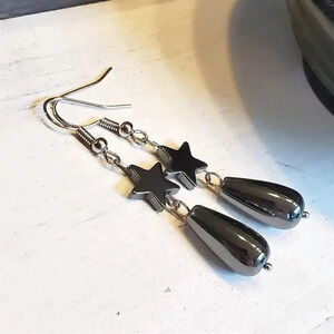 Artsy Gunmetal Black Hematite Stars Teardrops Dangle Stainless Steel Earrings